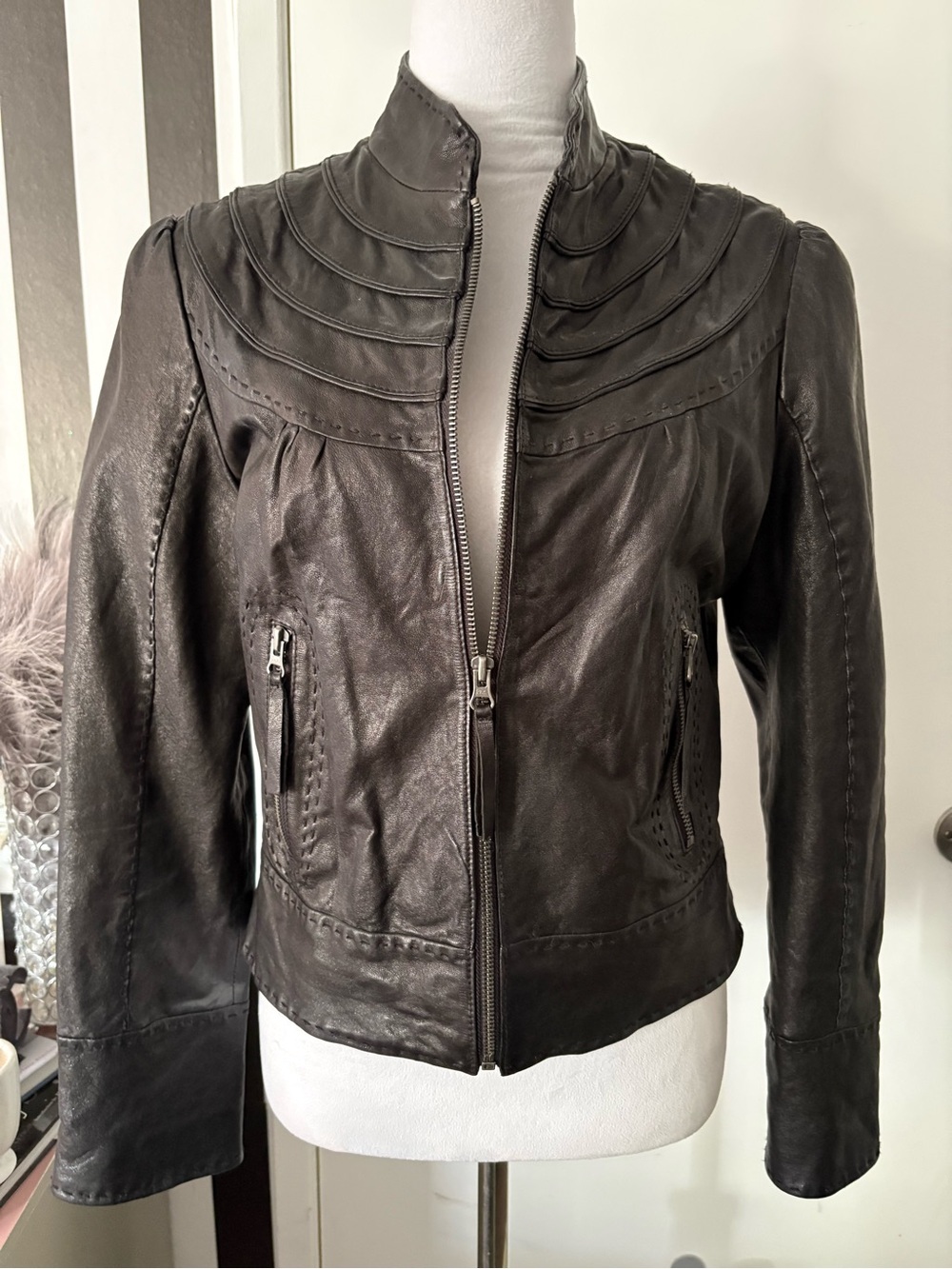 Black Leather Zip-Front Jacket